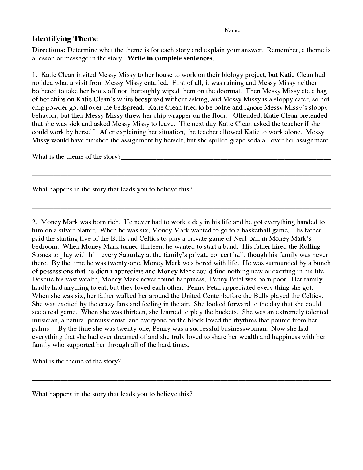 Identifying Theme Worksheet Answers