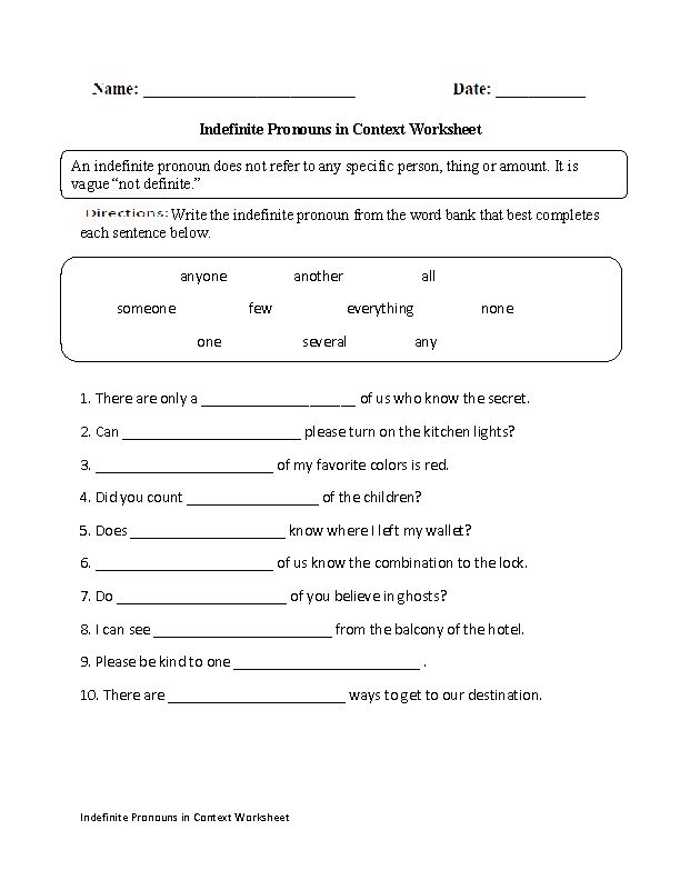 Free Worksheet On Indefinite Pronouns