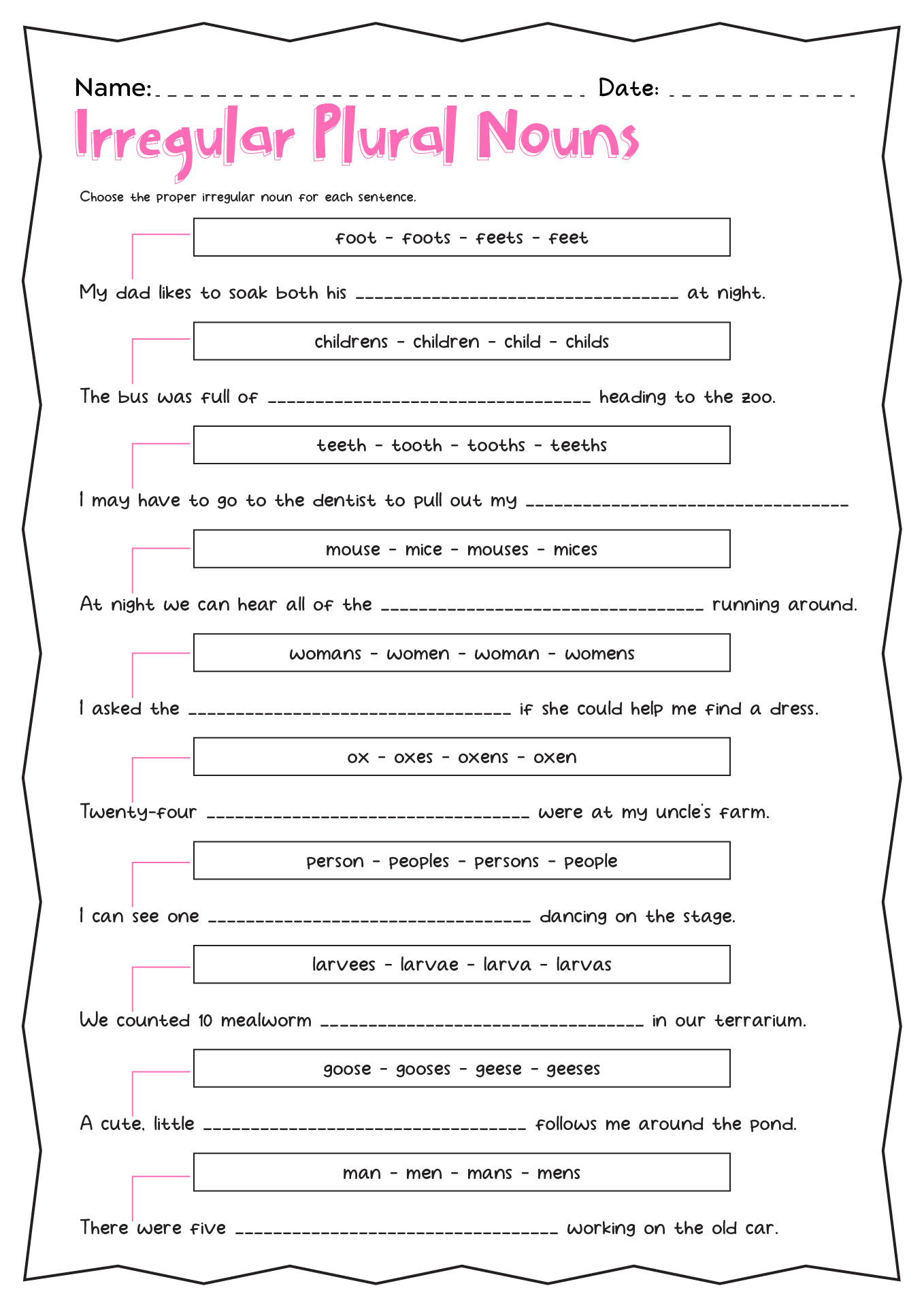 Irregular Plural Nouns 4th Grade Worksheet