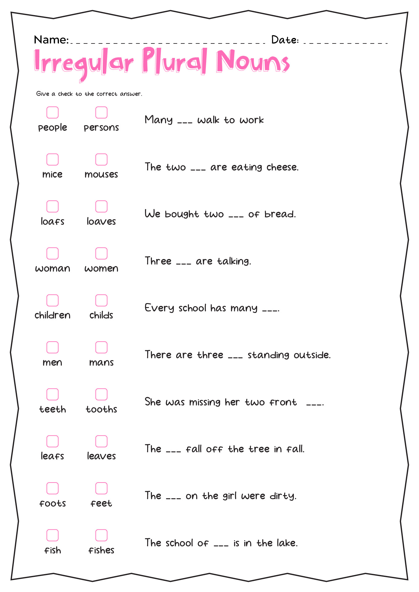 Irregular Plurals Worksheets