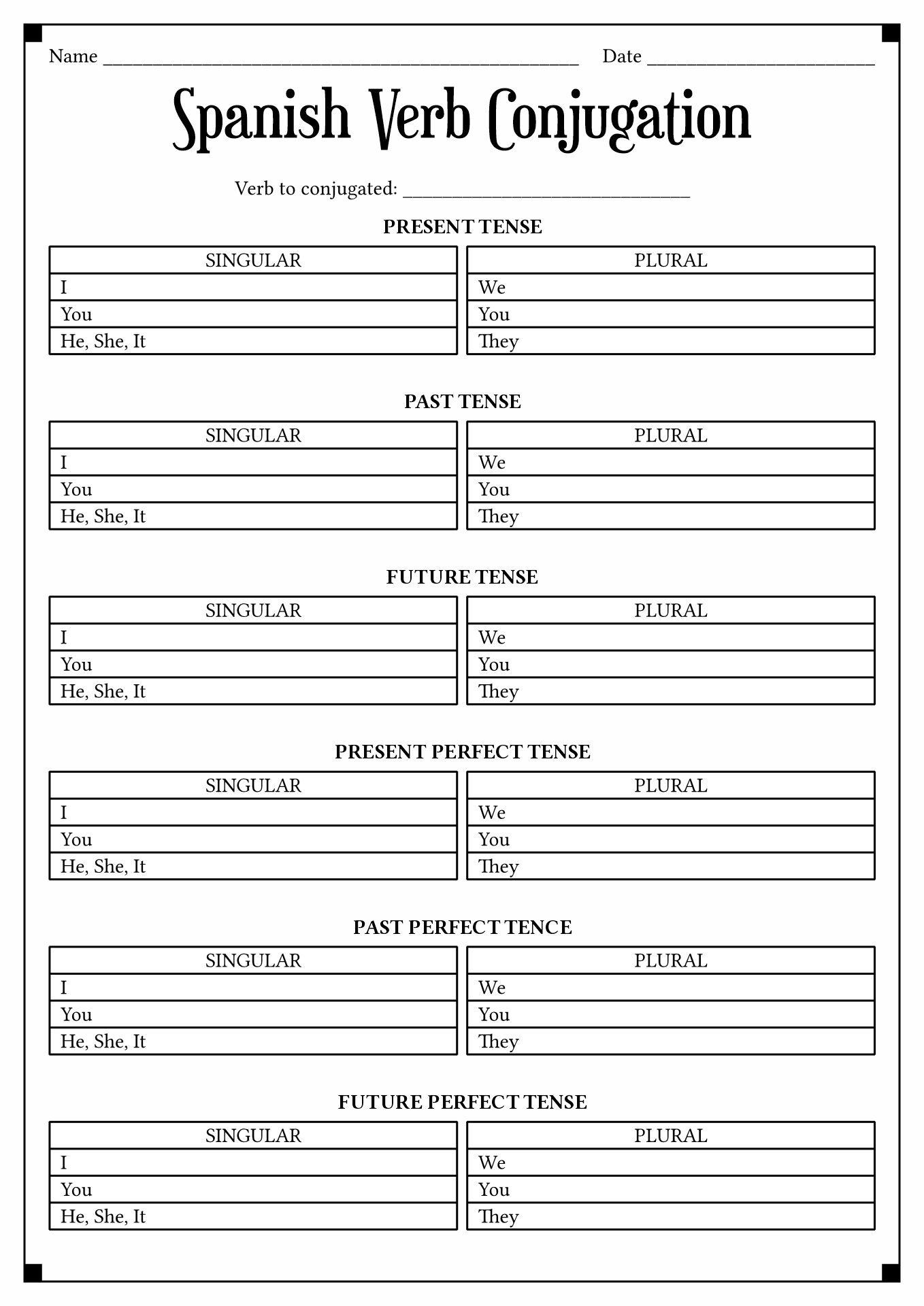 Conjugating Verbs In Spanish Worksheet In Chart Form