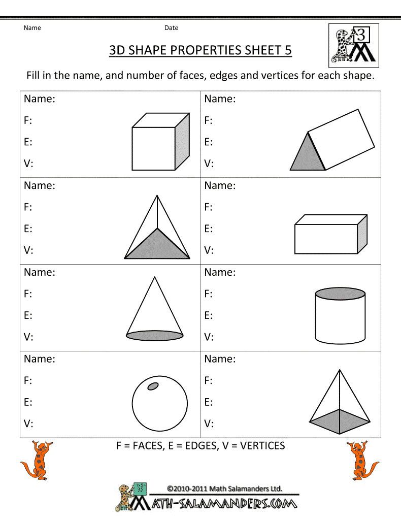 3D Shapes Worksheets 3rd Grade Math