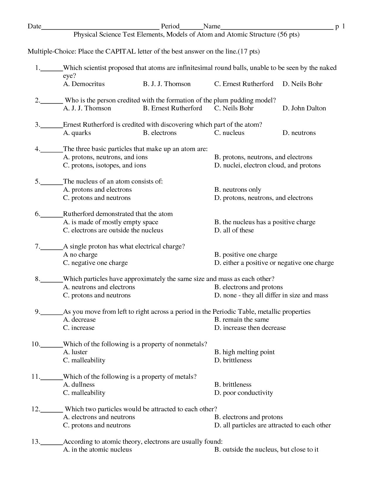 Basic Atomic Structure Worksheet Answers