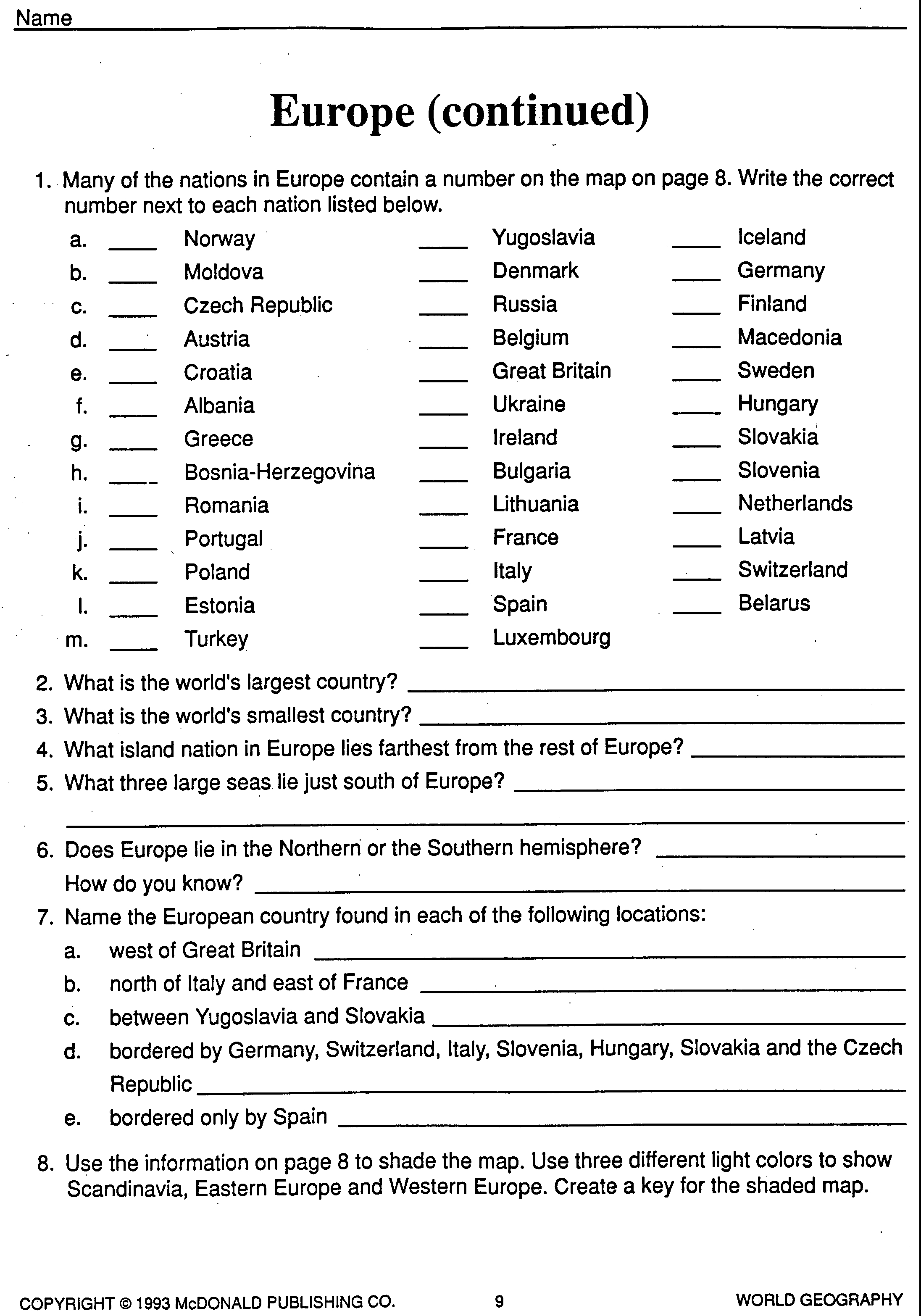 Europe Physical Features Worksheet