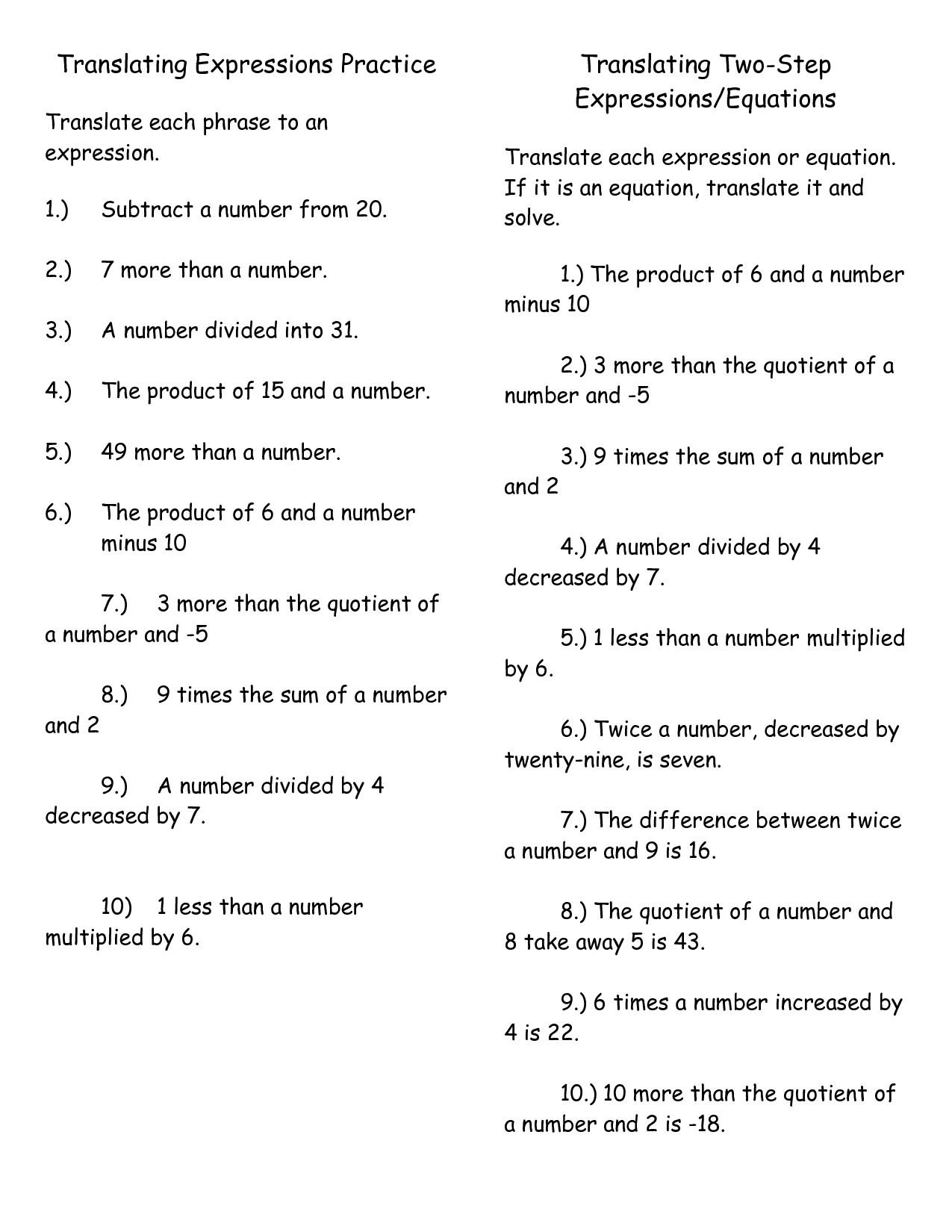 15 Best Images of Translating Words To Equations Worksheets  Translating Algebraic Expressions 