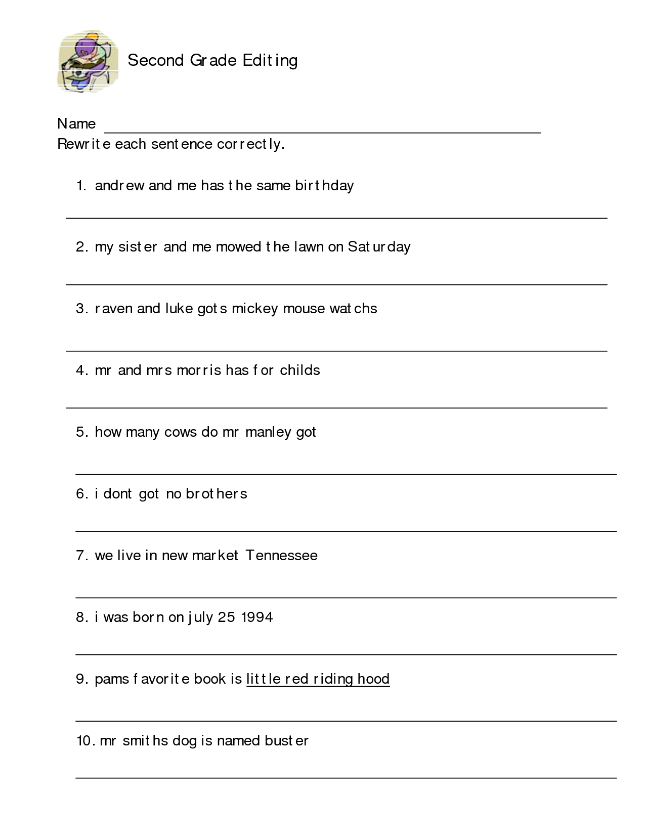 Second Grade Sentences Worksheet