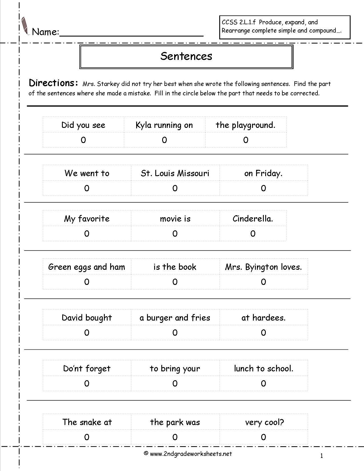 2nd Grade Sentence Completion Worksheets