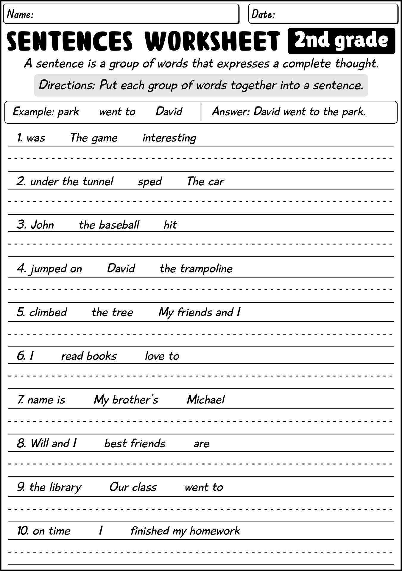 2nd Grade Sentence Completion Worksheets