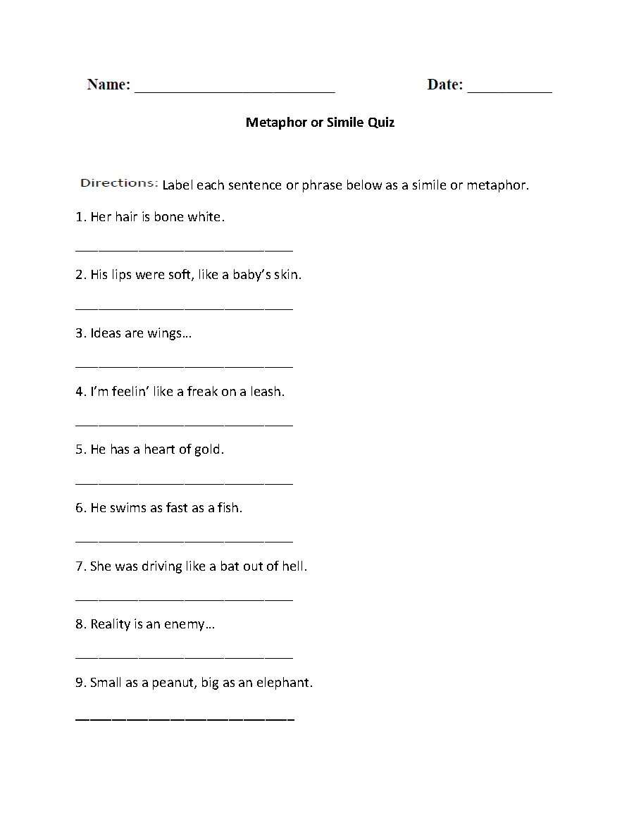Simile Metaphor Personification Worksheet