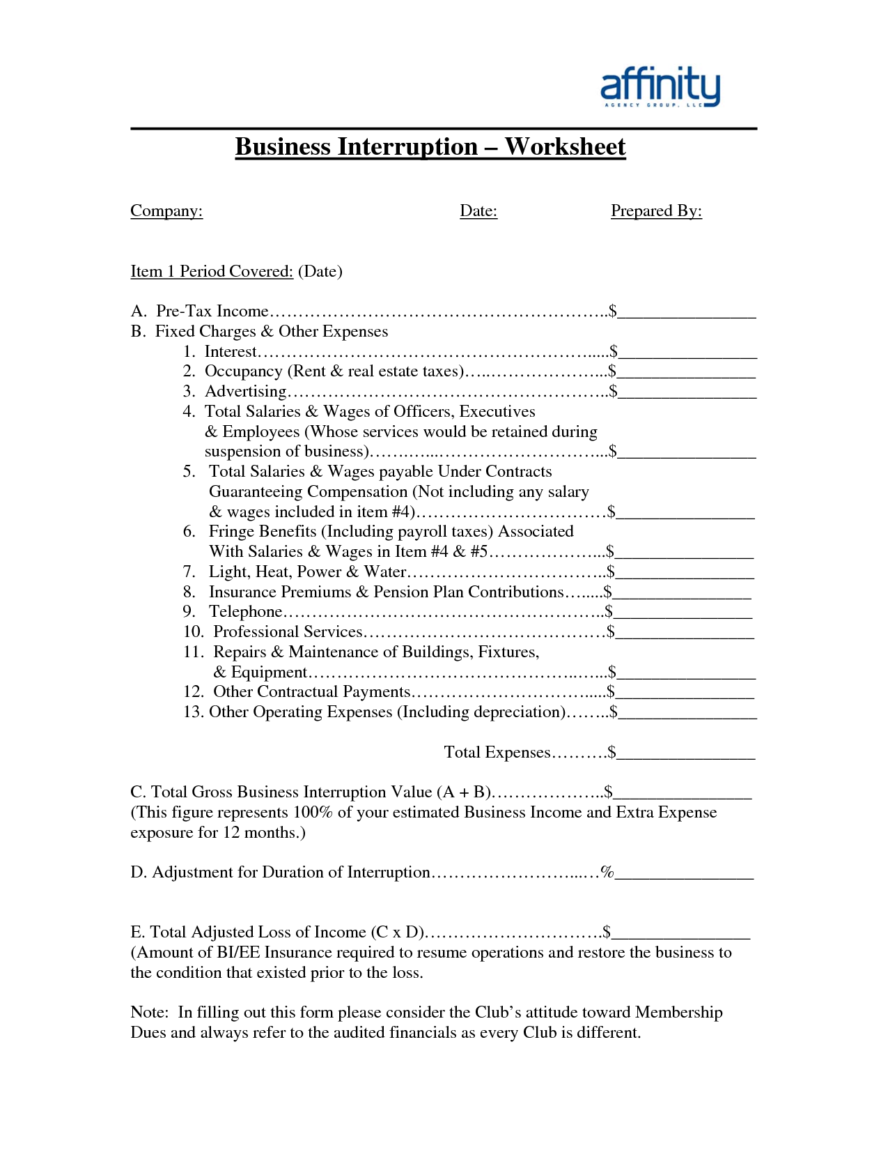 Business Interruption Insurance Worksheet