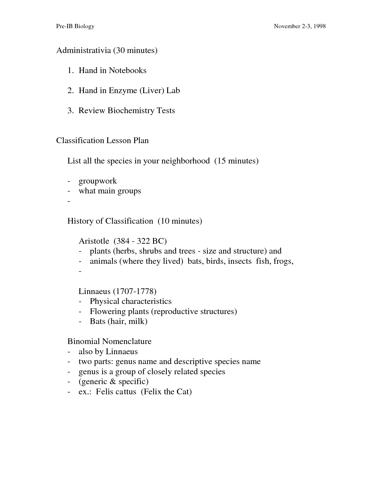 Classification Worksheet and Answer Key