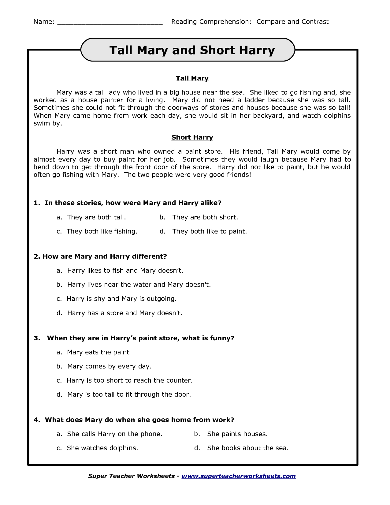 Compare and Contrast Worksheets 3rd Grade