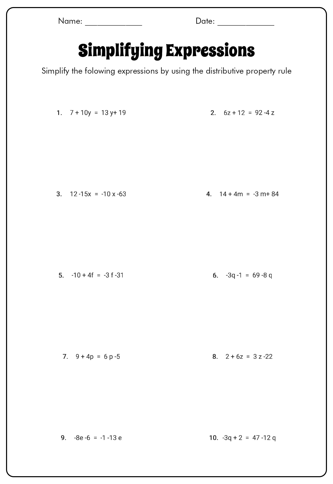 15 Best Images of Distributive Property Worksheets Grade 7 - Easy