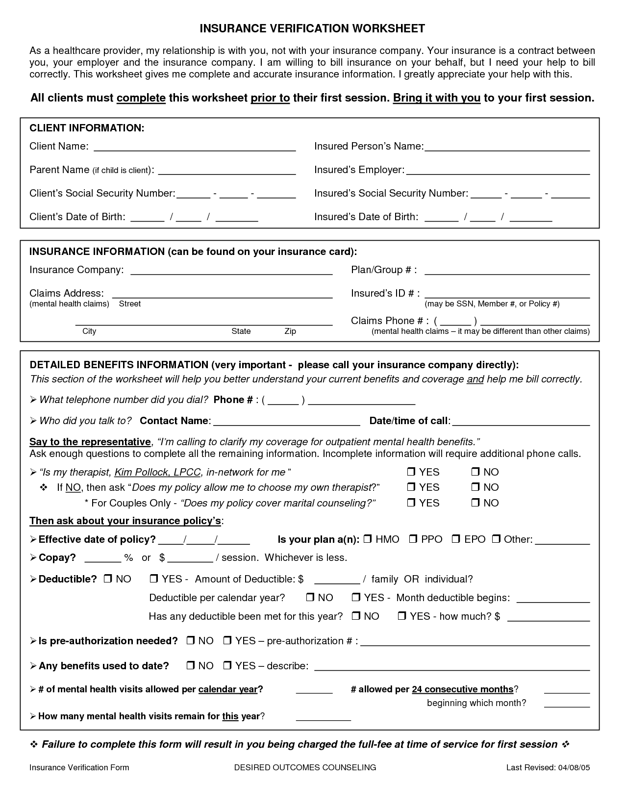 Health Insurance Verification Form