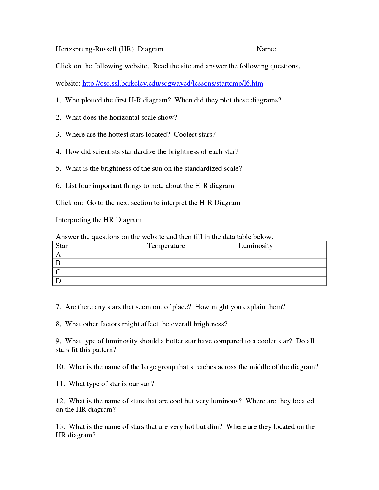 11 Best Images Of H R Diagram Worksheet Answers
