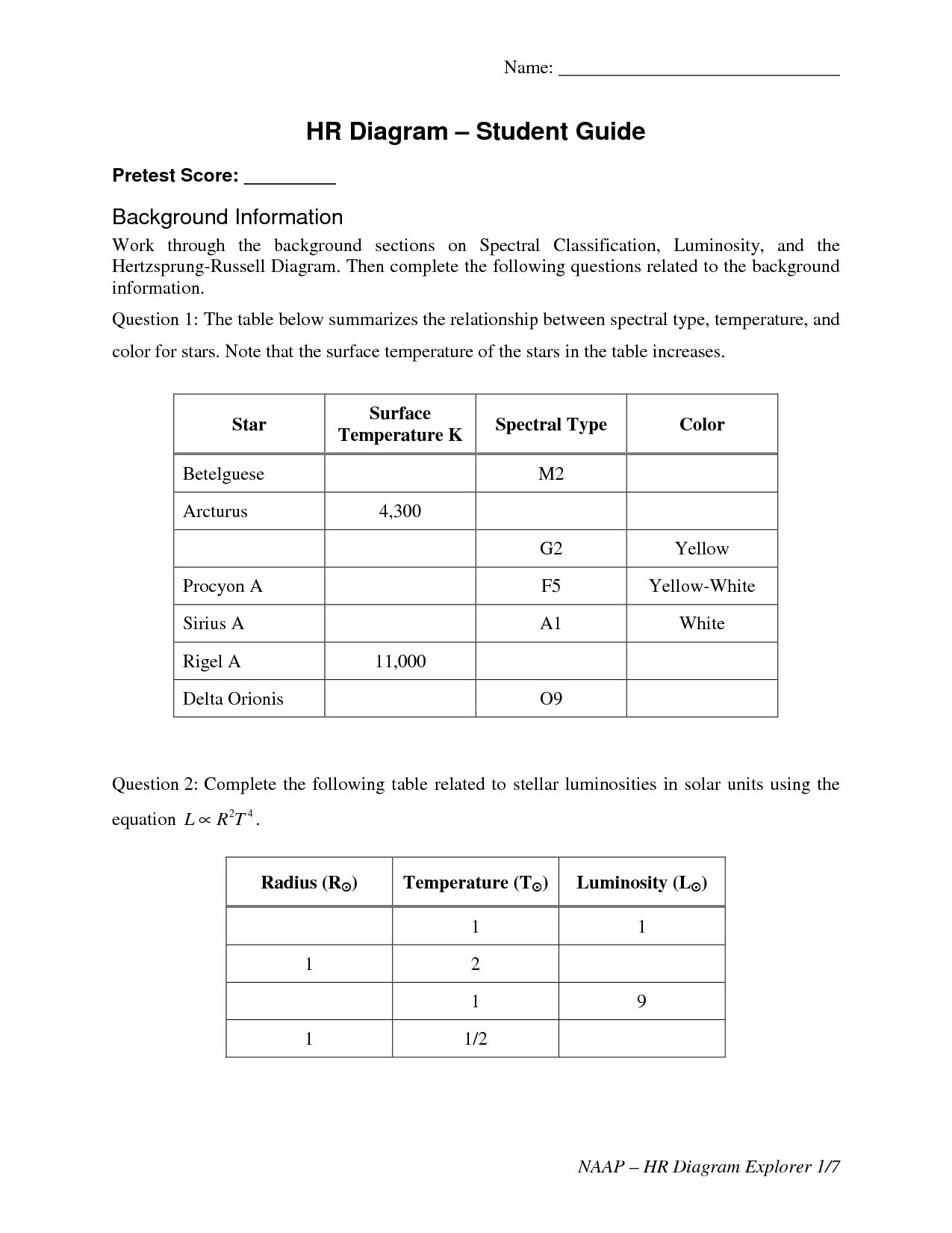 H R Diagram Worksheet Answer Key