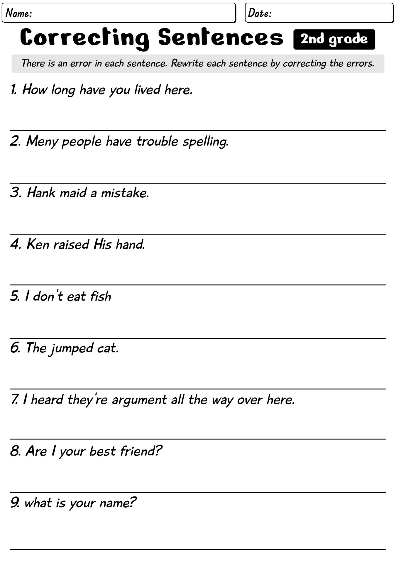 Grade 2 Sentence Writing Worksheets