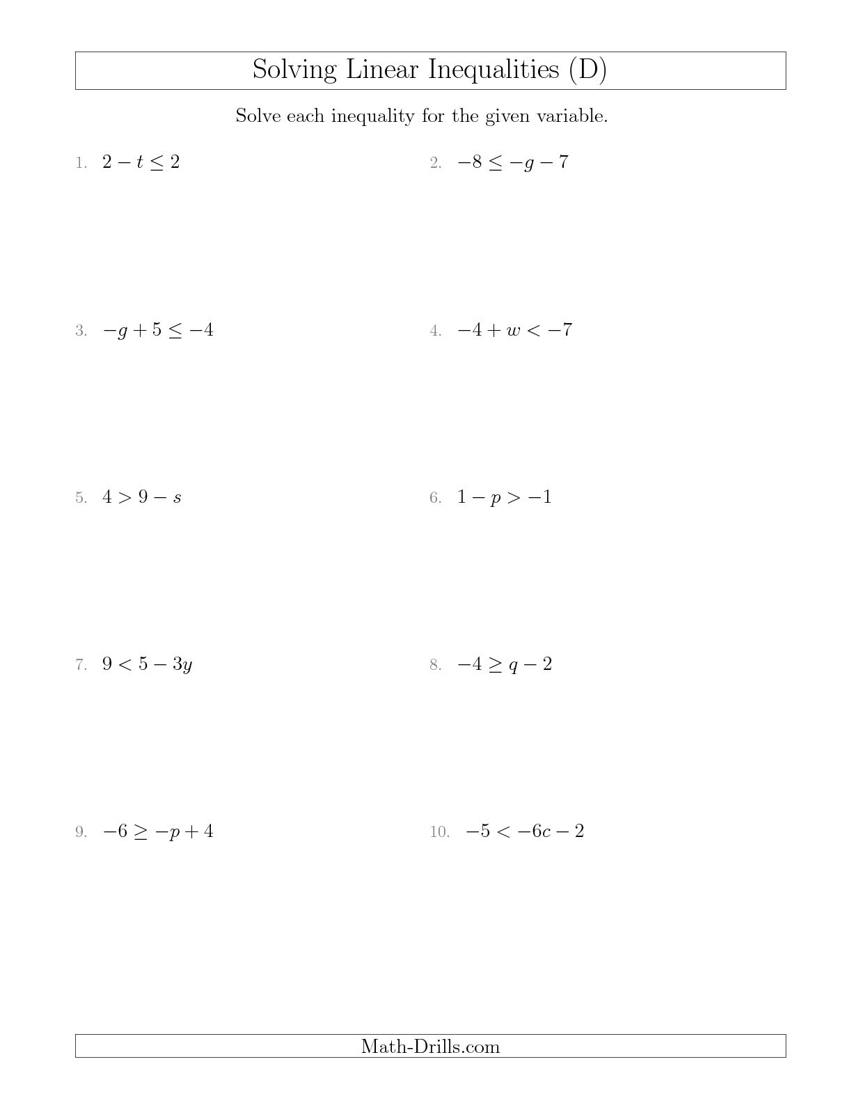Solving Linear Inequalities Worksheets