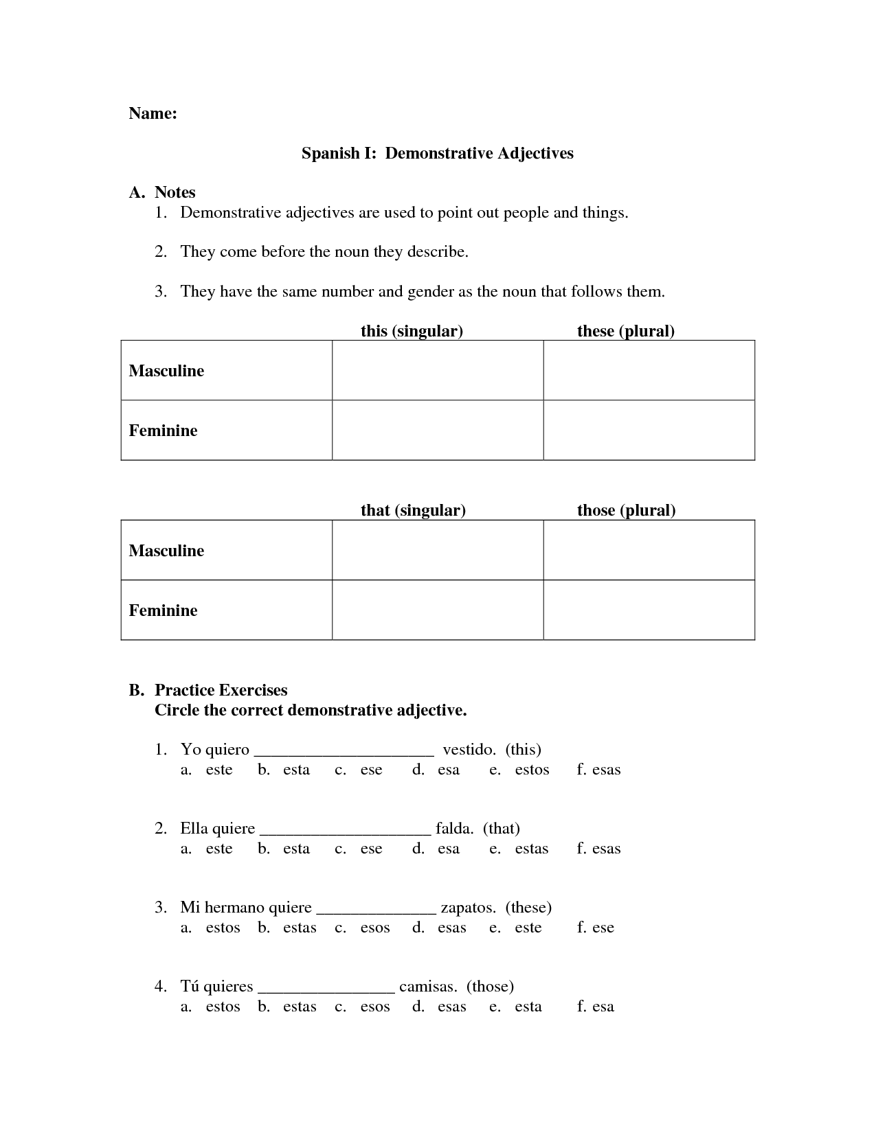 Spanish Demonstrative Adjectives Worksheets Pdf