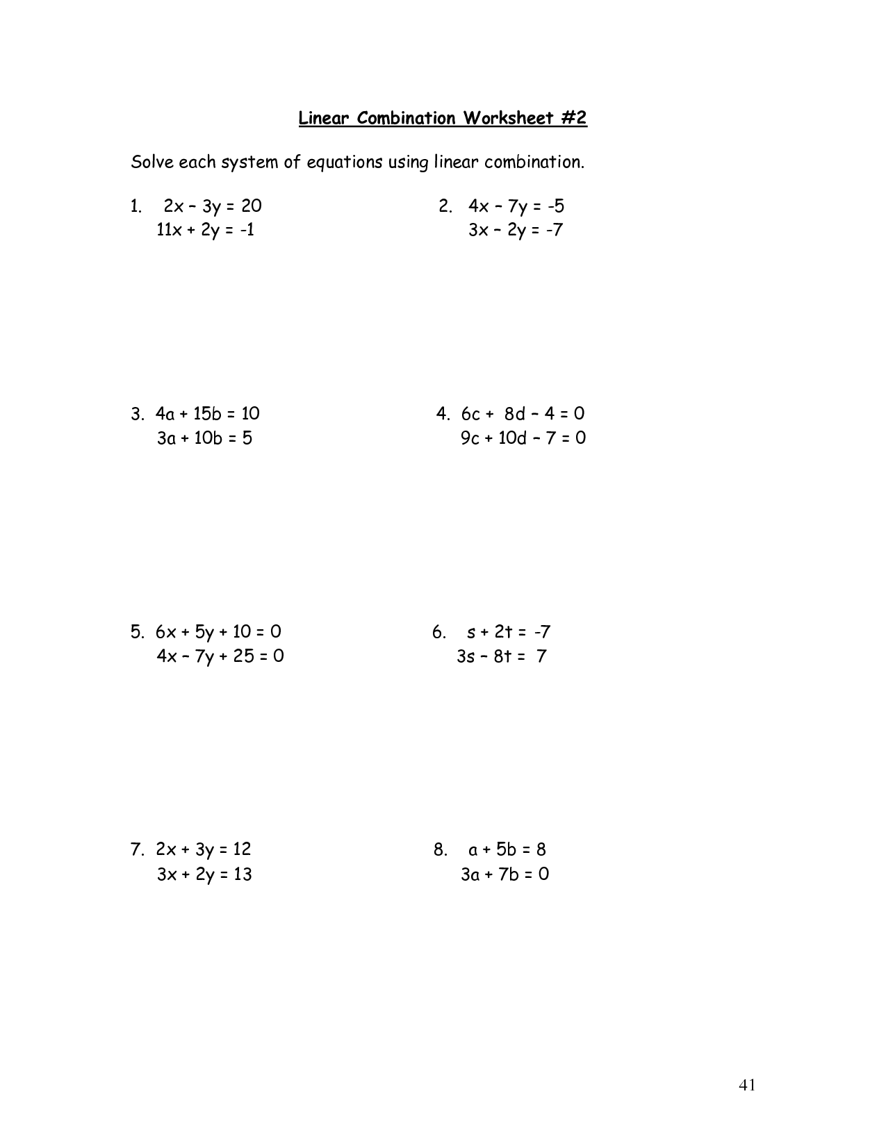 Systems of Linear Equations Worksheets