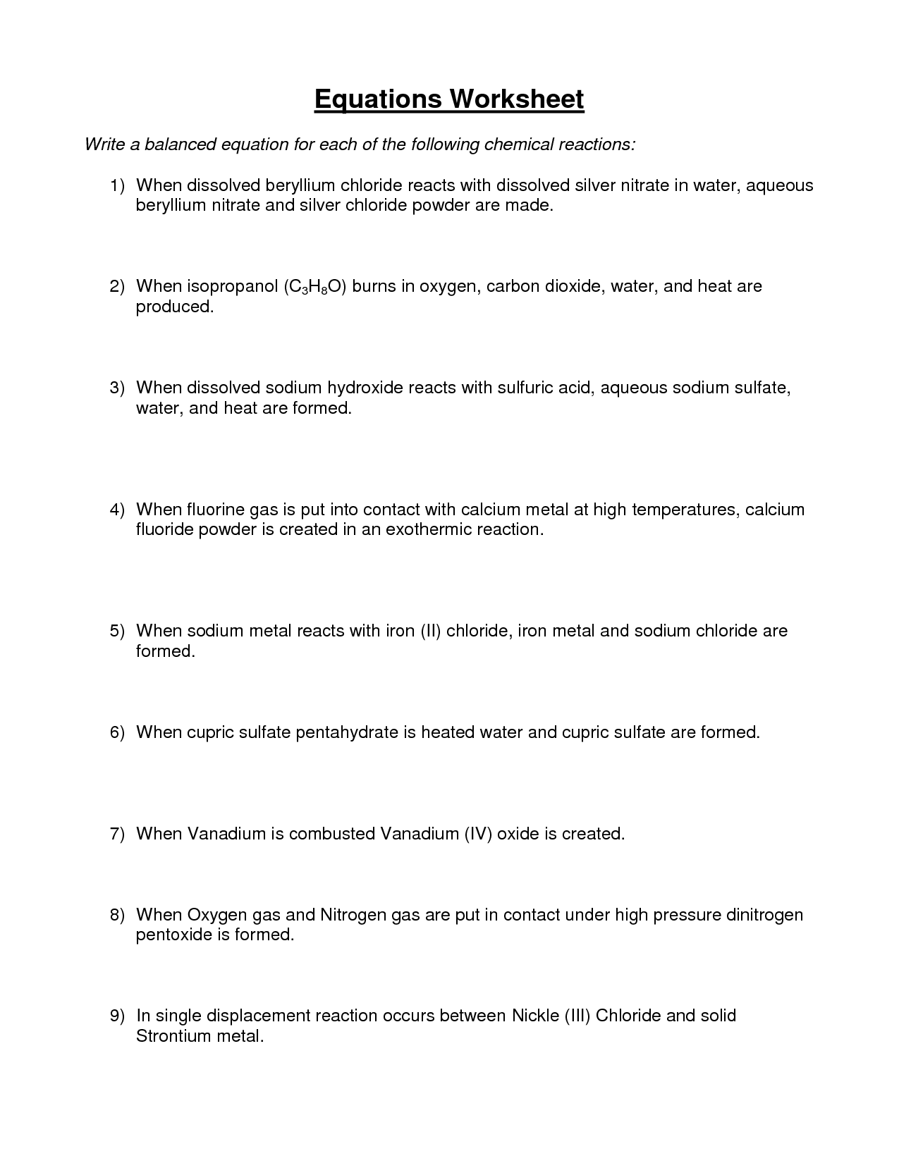 Word Equations Worksheet Chemistry - Tessshebaylo