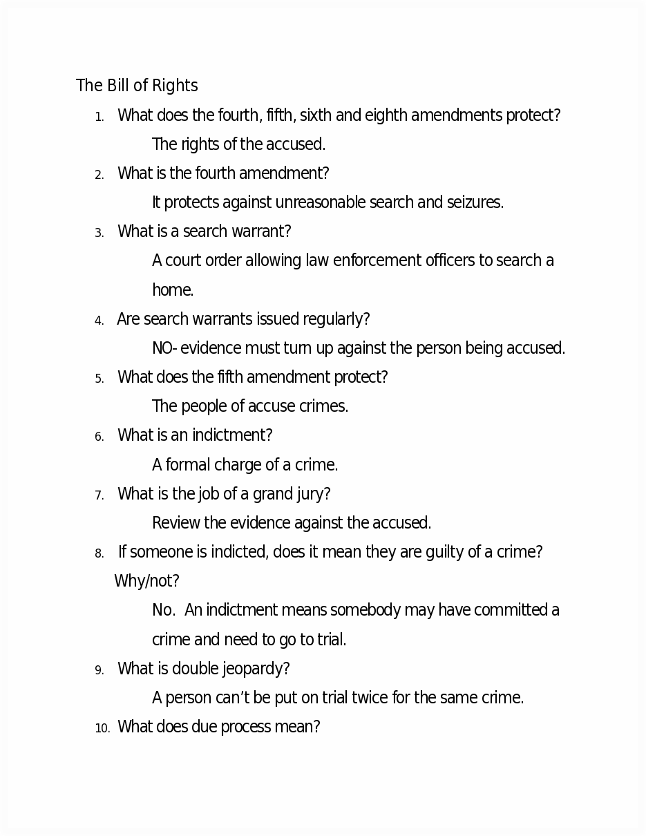 Bill Of Rights Worksheet Answers