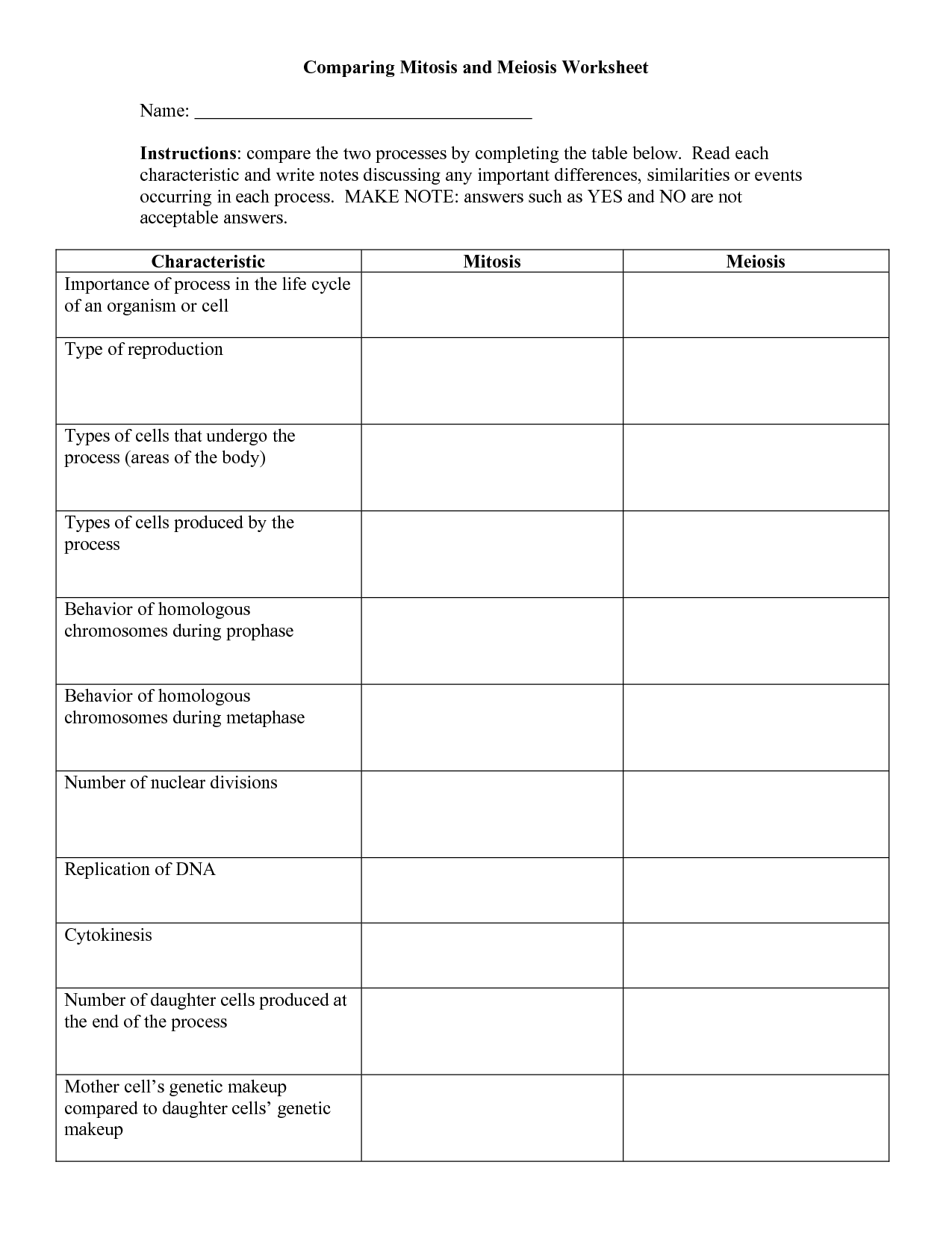 Mitosis And Meiosis Comparison Worksheet Answers