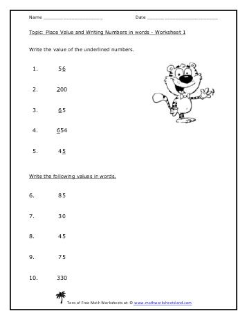 Math Worksheets Writing Numbers as Words
