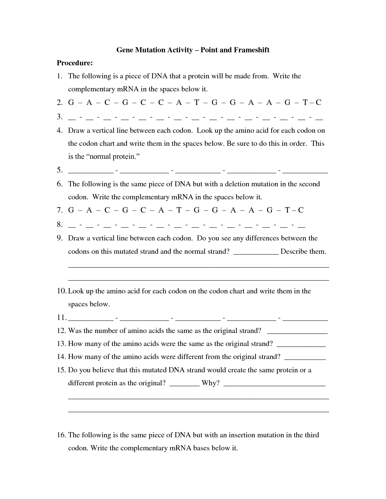 Dna Mutation Practice Worksheet Answers