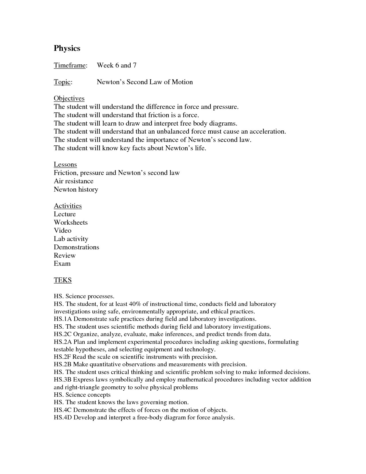 Newton's Second Law Worksheet