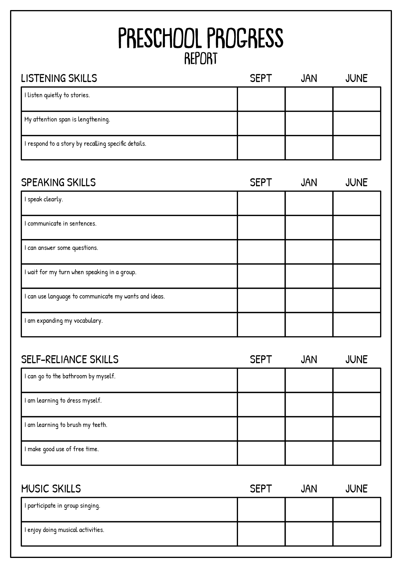 Free Printable Progress Reports For Preschool