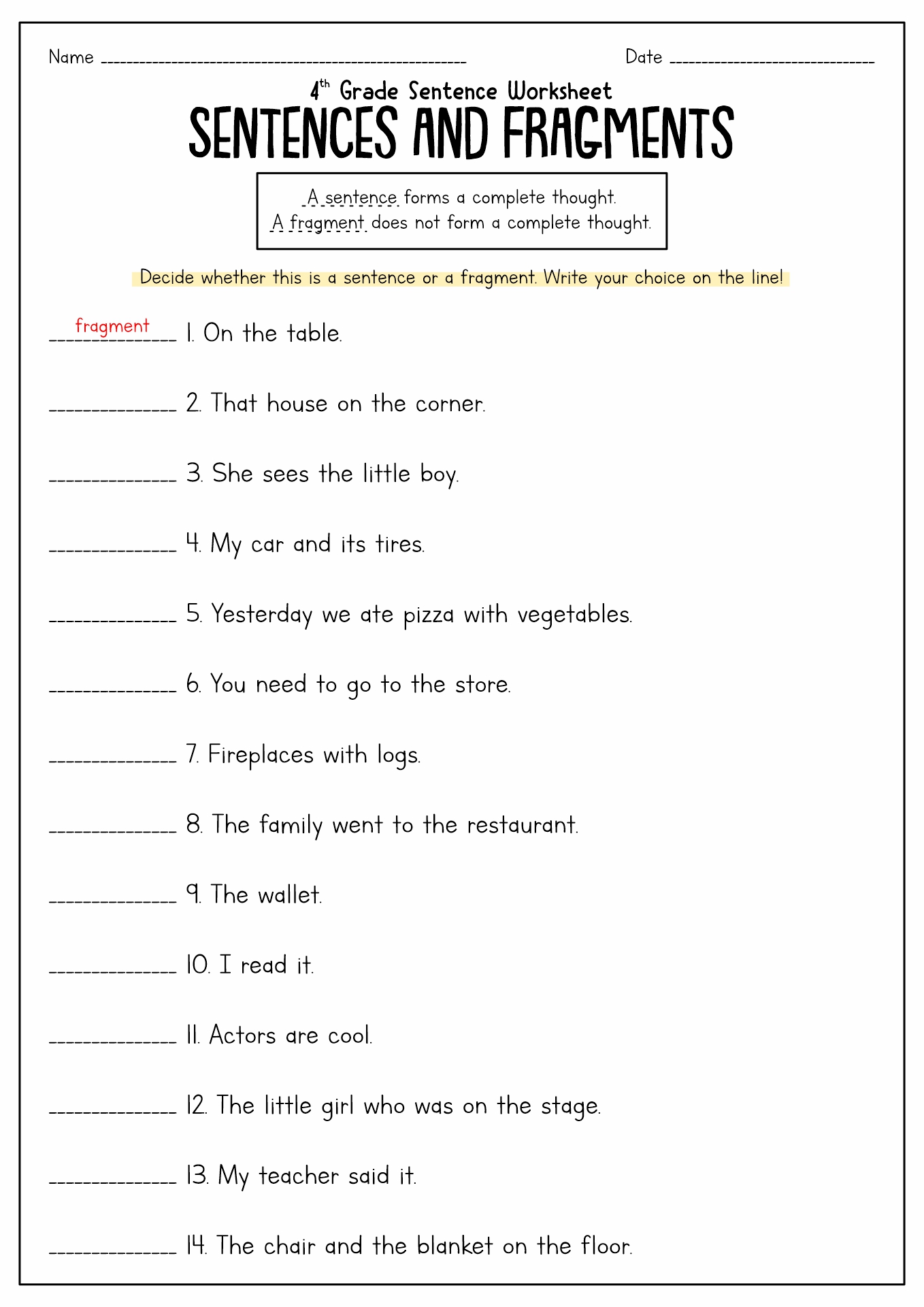 Fix Sentence Fragments Worksheet