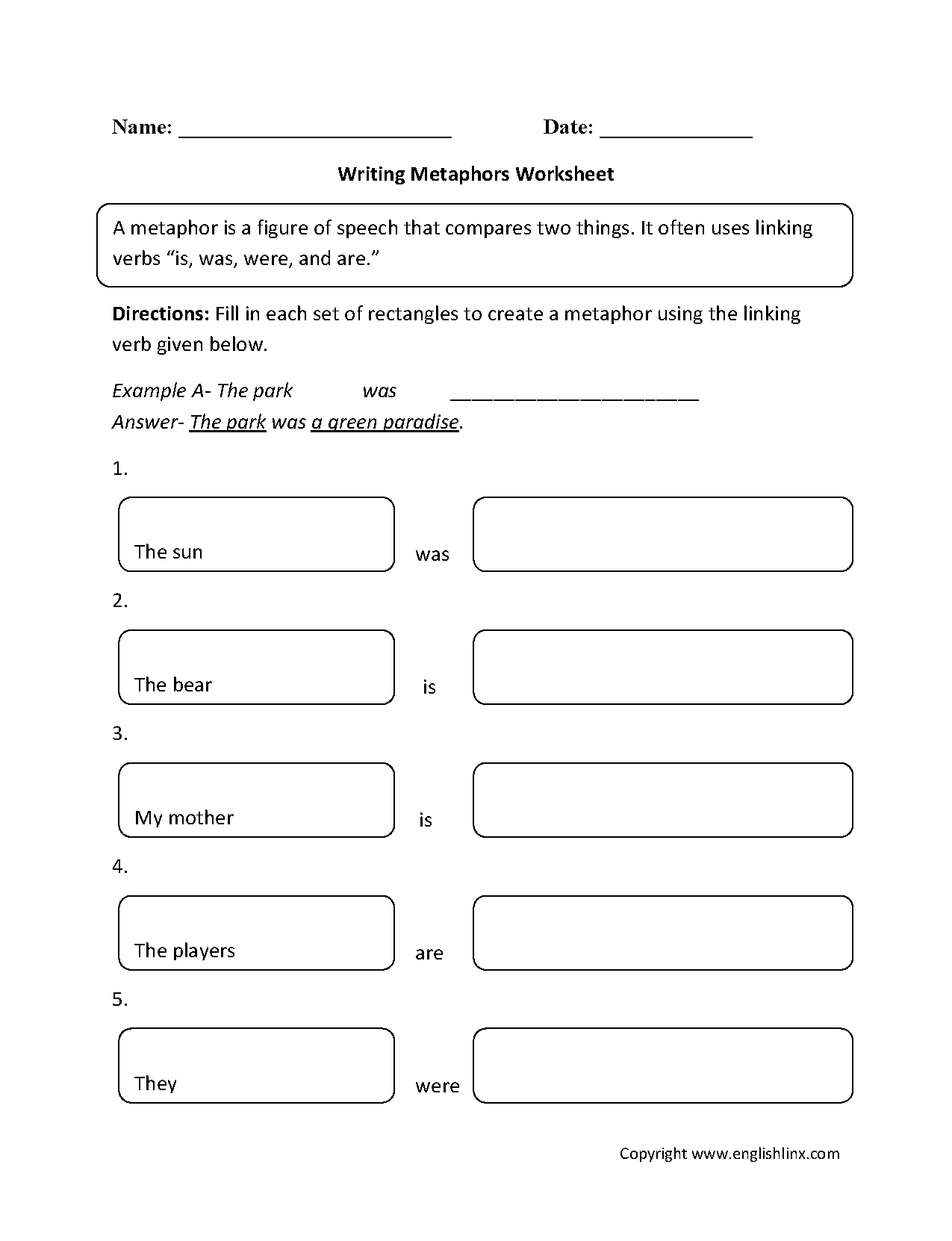 13 Best Images of Metaphors And Similes Worksheets 5th Grade Similes