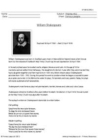 William Shakespeare Worksheets for Kids
