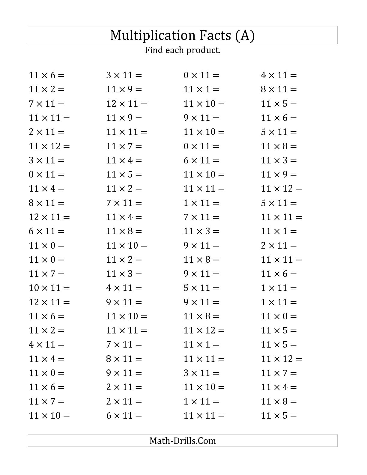11 and 12 Multiplication Worksheets