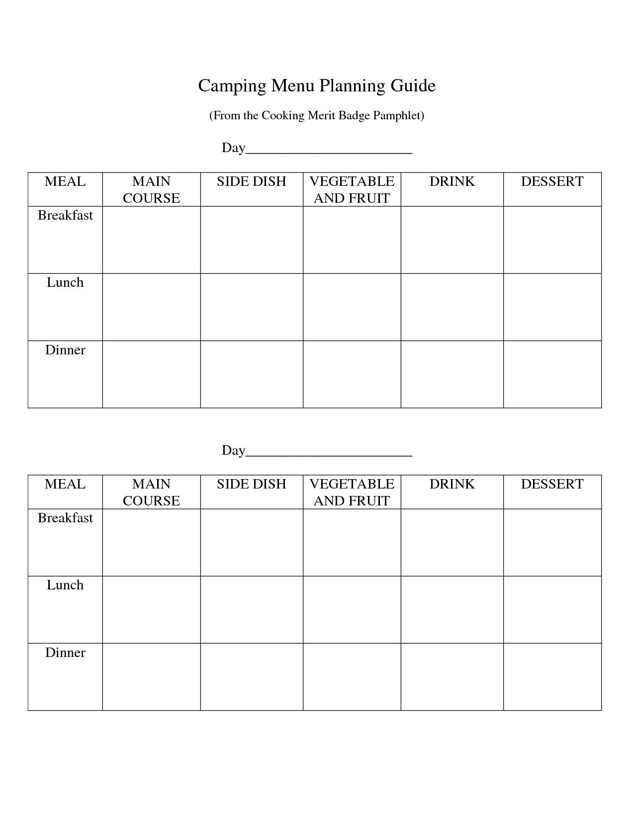 13 Best Images of Boy Scout Day 5 Meal-Planning Worksheet - Menu