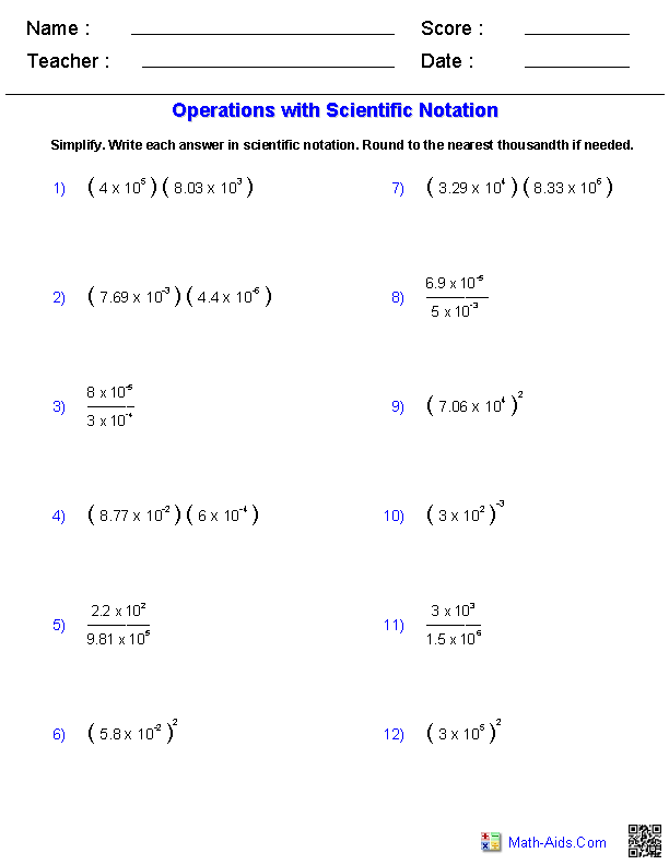Operations with Scientific Notation Worksheet