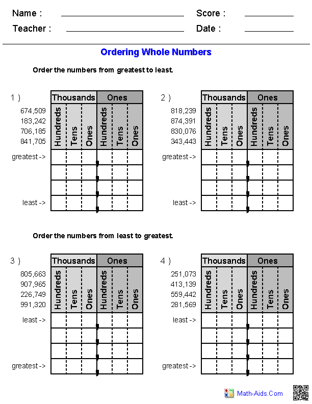 Ordering Whole Numbers Worksheets