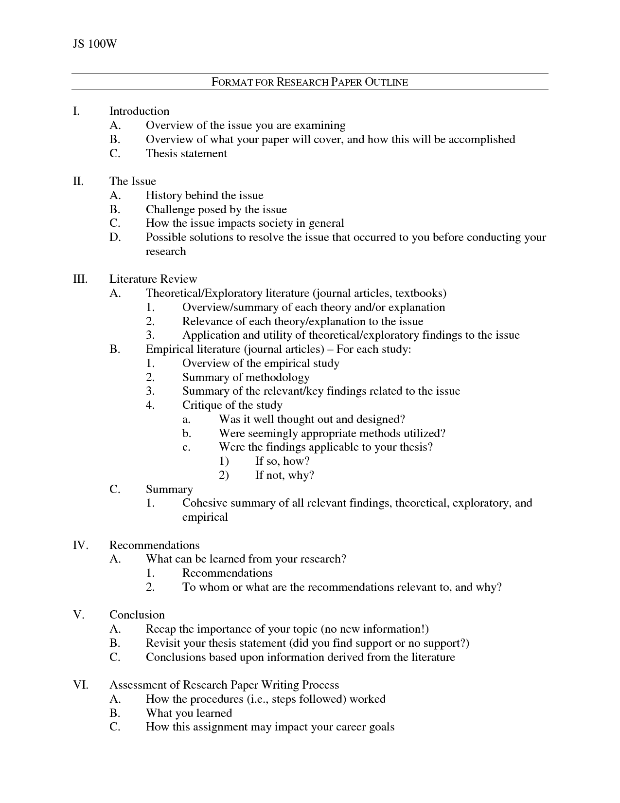Research Paper Outline Format Example