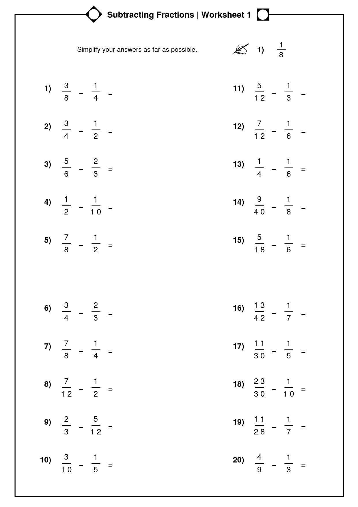 Adding Fractions Worksheet Pdf  adding fractions worksheets mathvine free fraction subtracting 