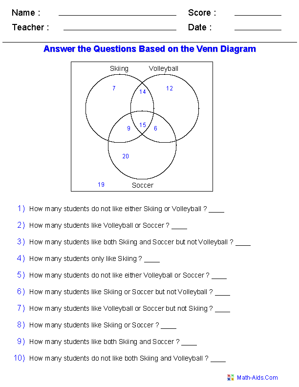 Venn Diagram Math Problems Worksheet