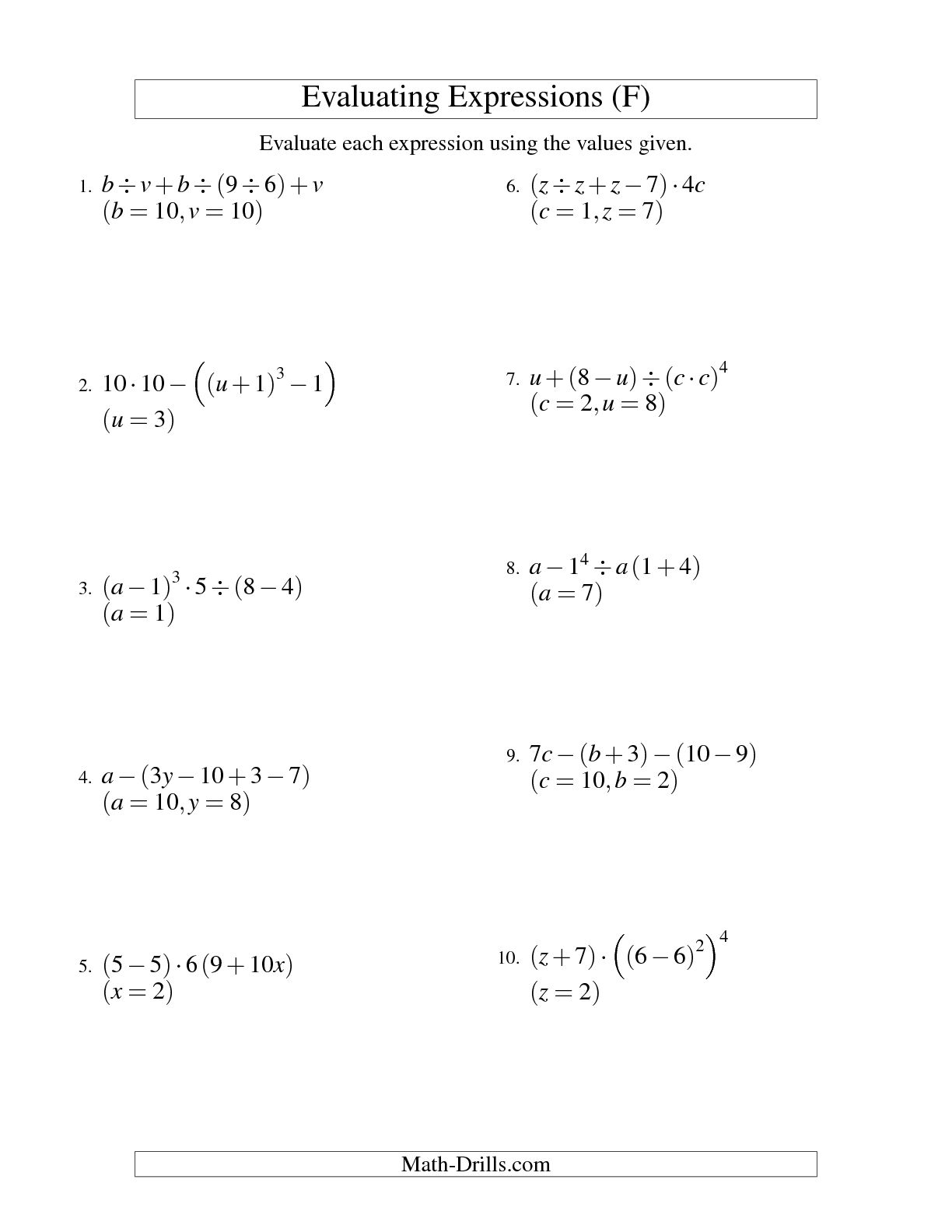 Writing And Evaluating Expressions Worksheet