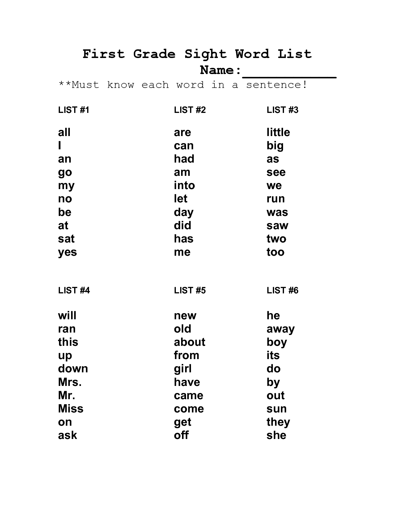 Sight Words For 1st Graders