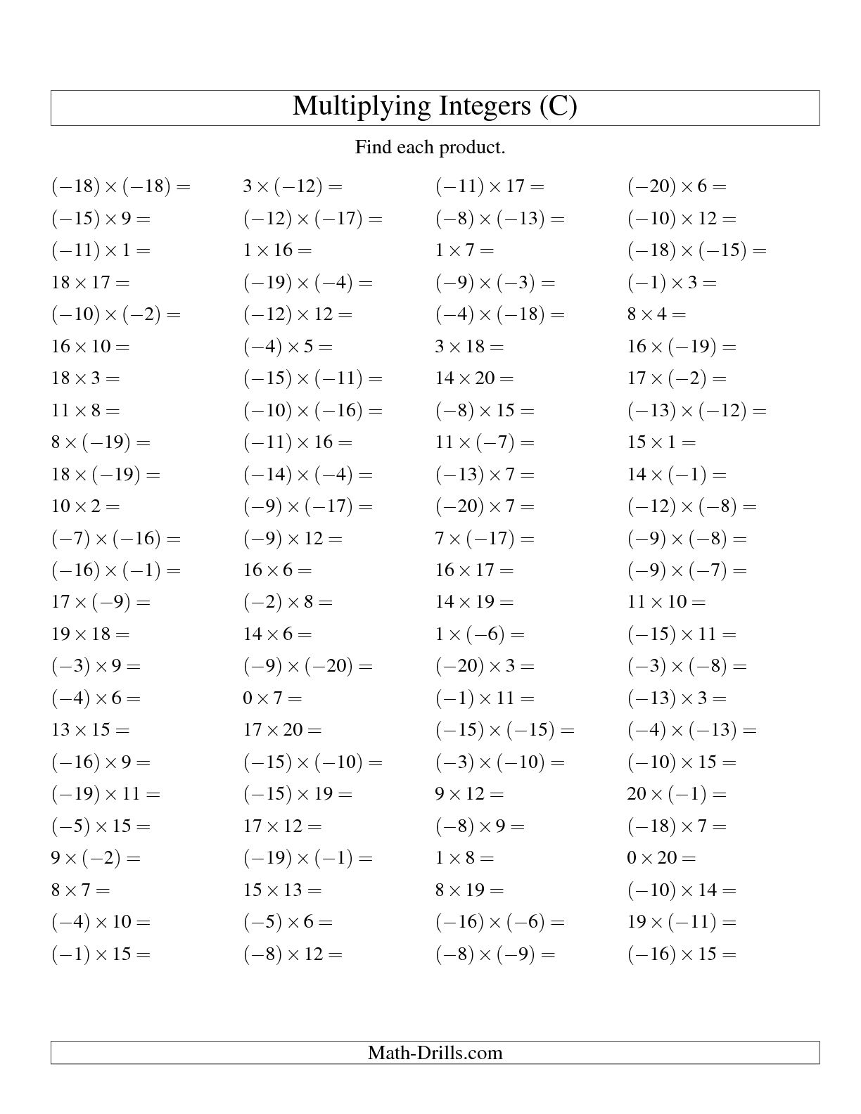  Multiplying Integers Worksheets 