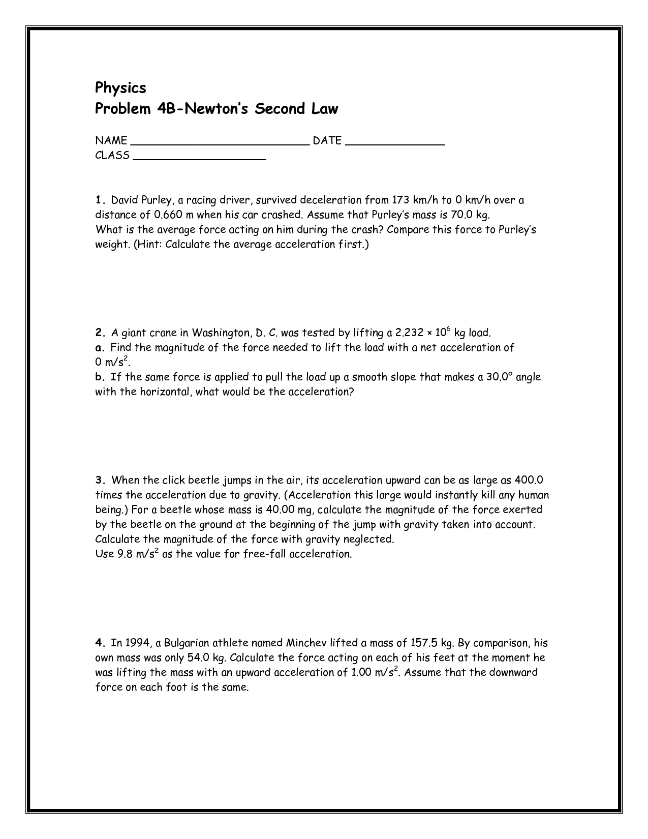 Newton's Second Law Worksheet