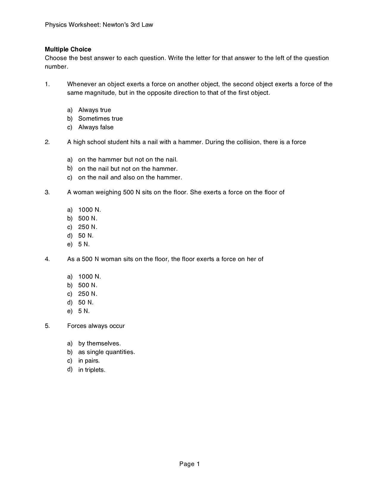 Newton Laws Worksheet Answers
