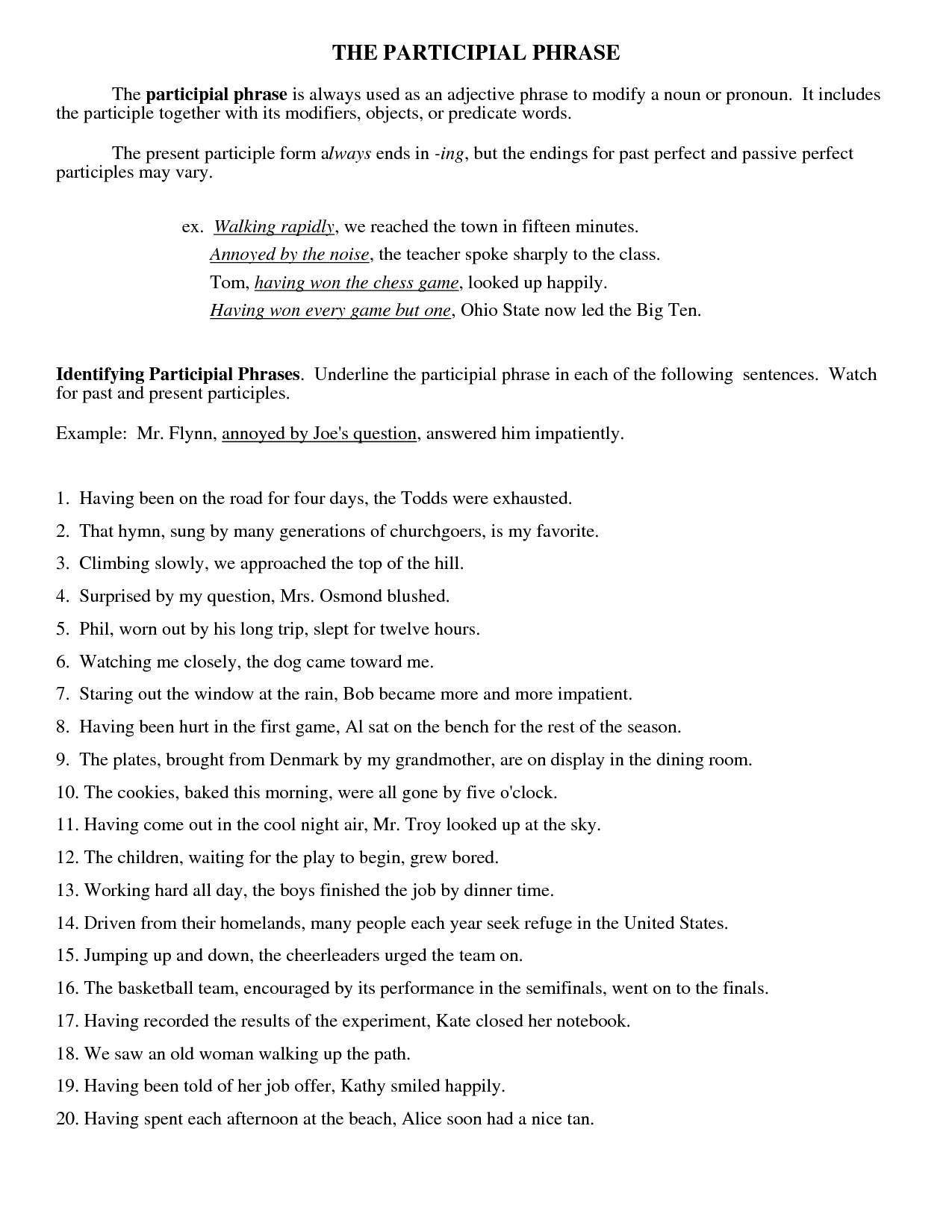 Participle And Participle Phrase Worksheet With Answers