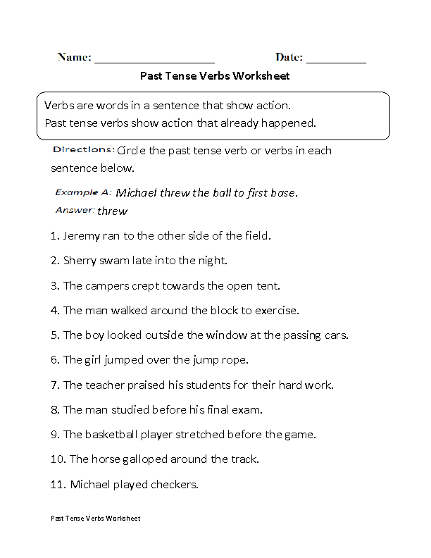 Simple Past Tense Verbs Worksheets Pdf
