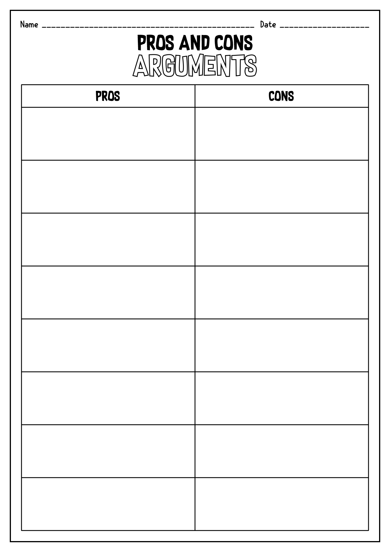 Pros And Cons Worksheet