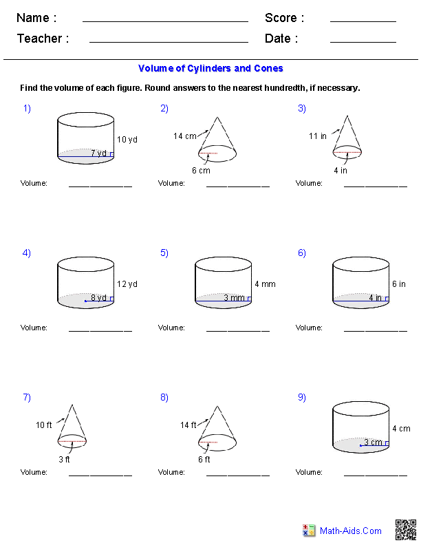 Volume Of Cones Cylinders And Spheres Worksheet With Answers